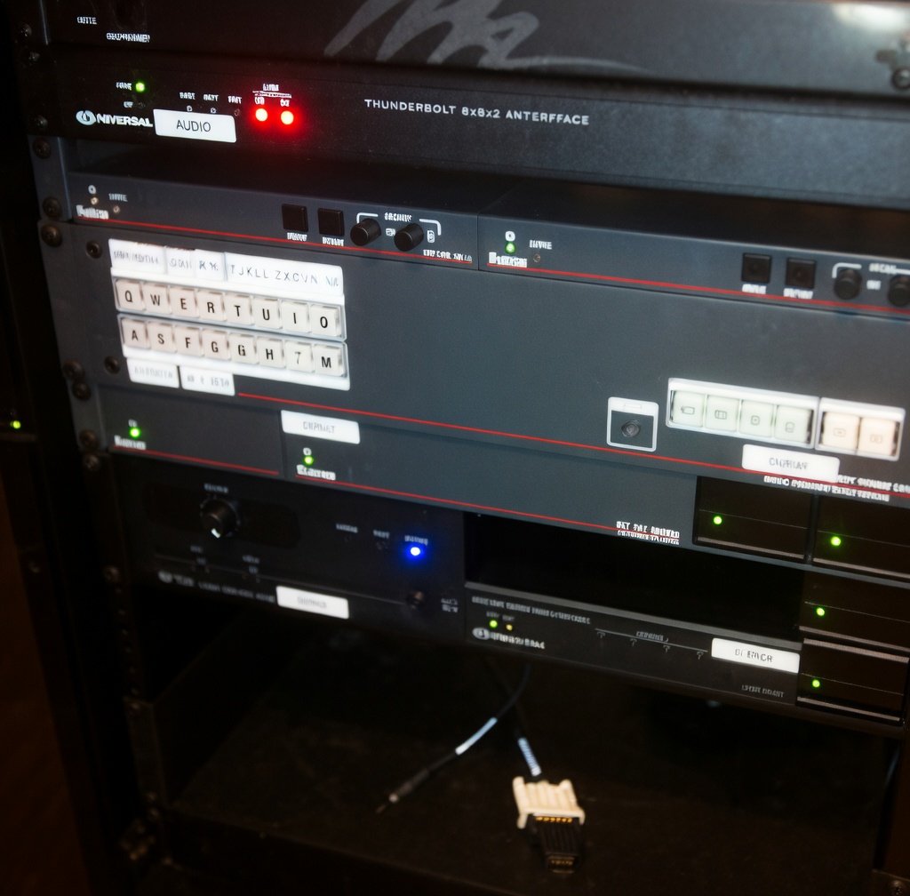 Rack-mounted audio and video equipment with labels, switches, and indicator lights, including a Thunderbolt interface and a keyboard with some keys labeled.