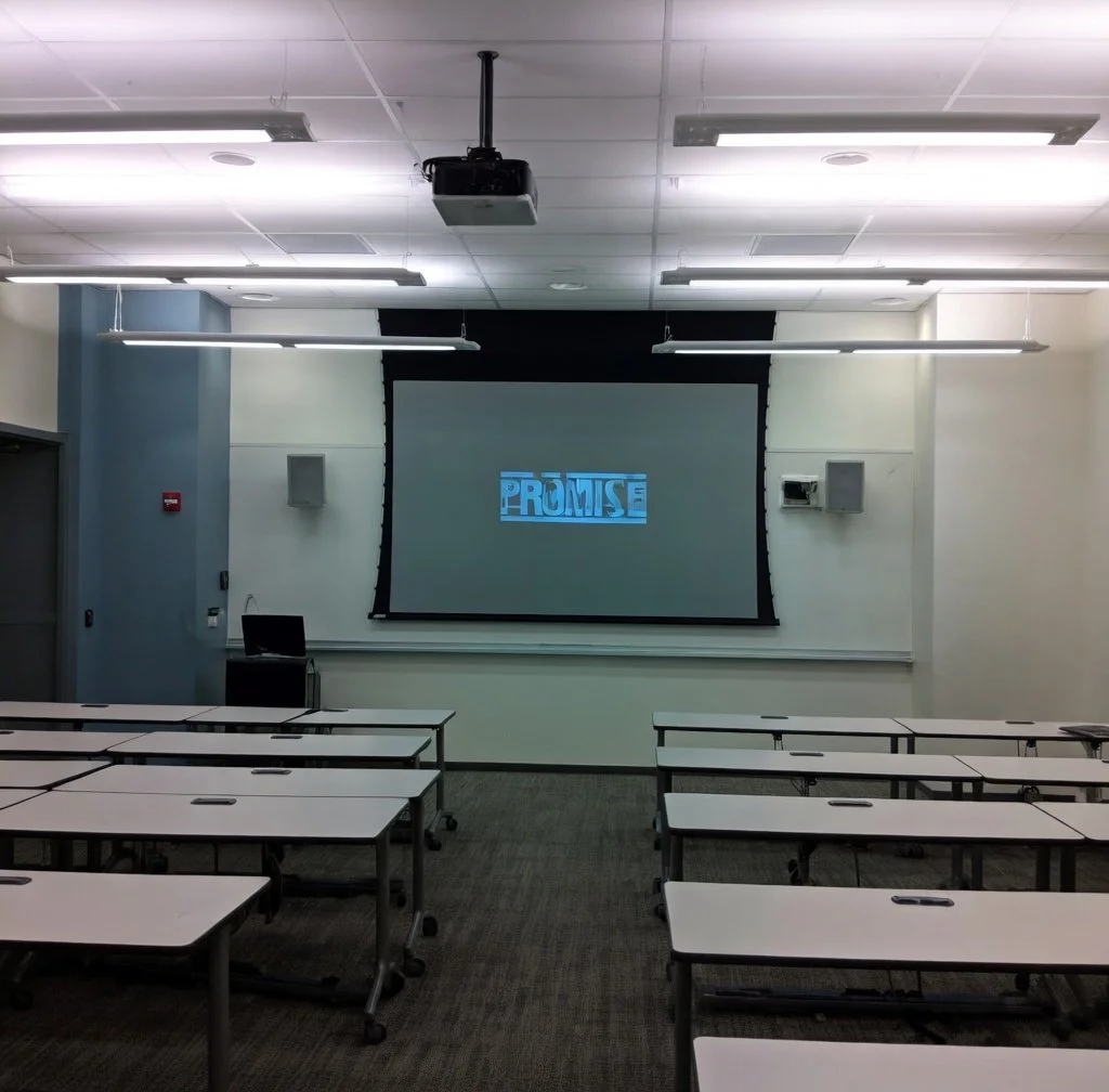 Empty classroom with desks and chairs, projection screen displaying the word 'PROMISE', and ceiling-mounted lights.