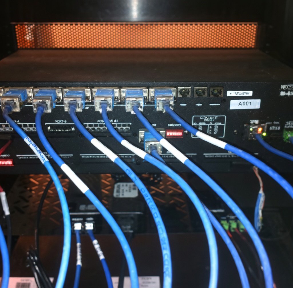 Back of a network switch with multiple blue Ethernet cables plugged in.