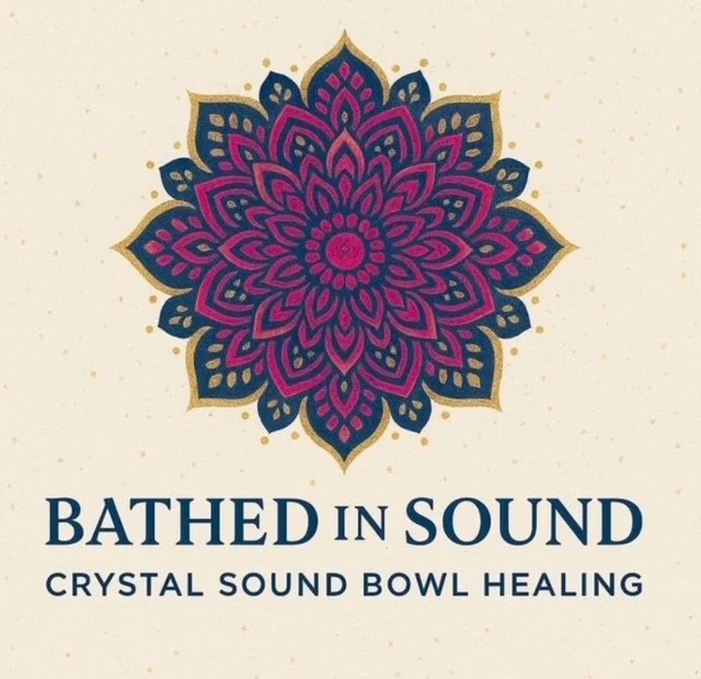 Cover image with a large purple and gold mandala design and the text 'Bathed in Sound' and 'Crystal Sound Bowl Healing'.