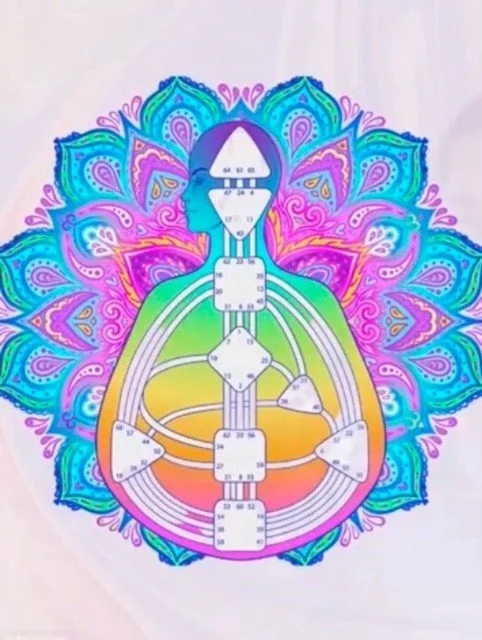Colorful illustration of a human figure with chakras and energy flow symbols, surrounded by a vibrant mandala pattern.