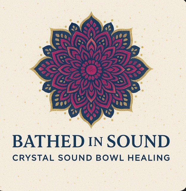A decorative pink and navy blue mandala with gold accents, with text that reads 'BATHED IN SOUND, CRYSTAL SOUND BOWL HEALING'.