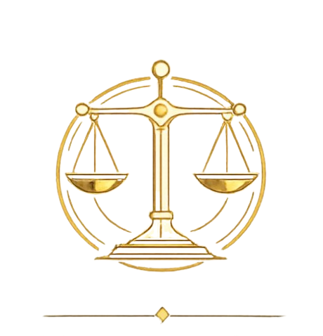 A golden set of balance scales with a circular background.