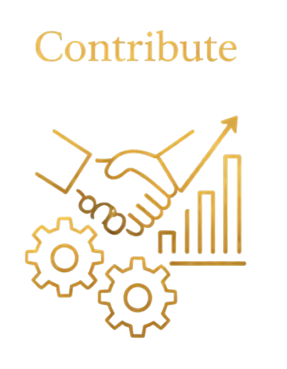 Black background with gold text reading 'Contribute' and a graphic of a handshake above gears and a bar chart with an upward arrow.
