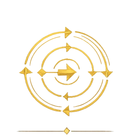 Gold circular target with arrows pointing outward in a spiral pattern on a black background.