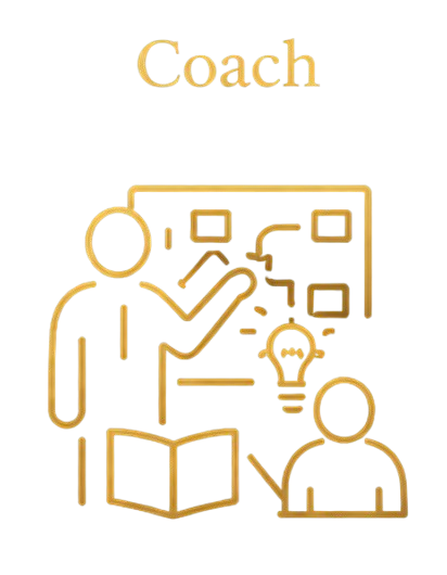 Illustration of a person with a lightbulb above their head, surrounded by various icons related to coaching, communication, and learning, with the word 'Coach' at the top.