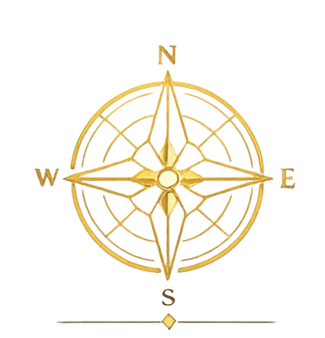 Gold and beige compass rose with cardinal directions N, E, S, W and decorative design.