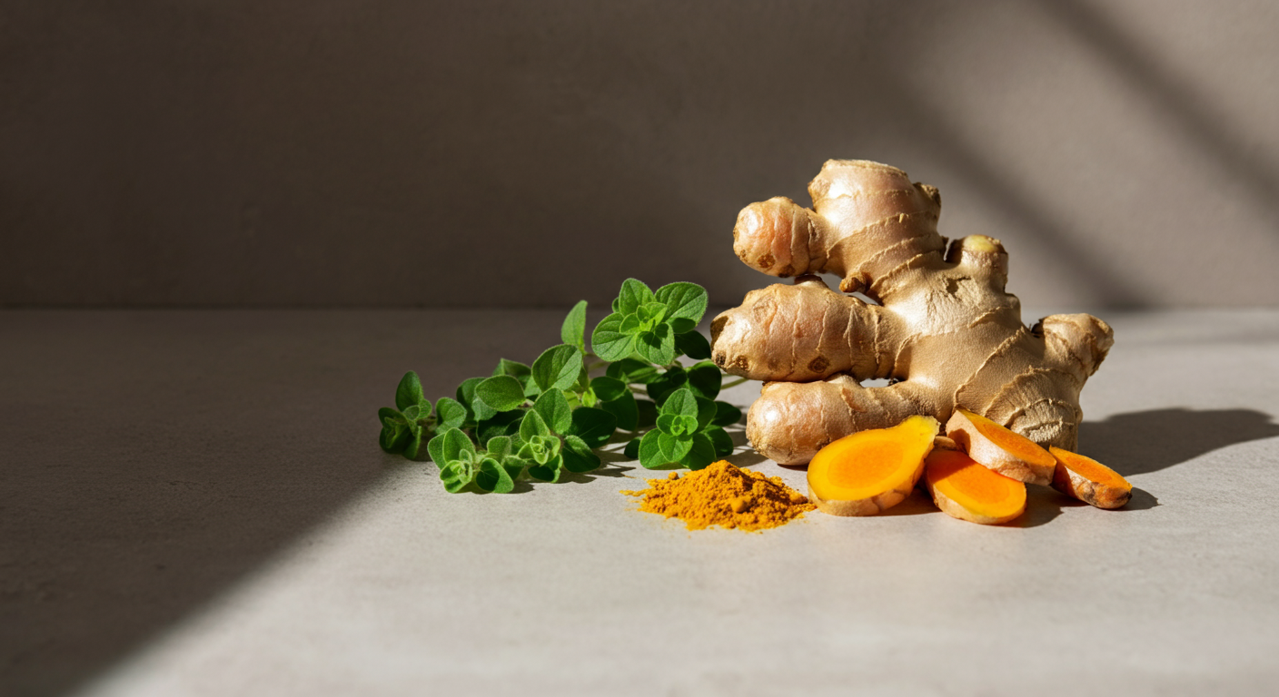 Fresh ginger root, green herbs, turmeric powder, and sliced turmeric on a light surface, with natural light and shadow.