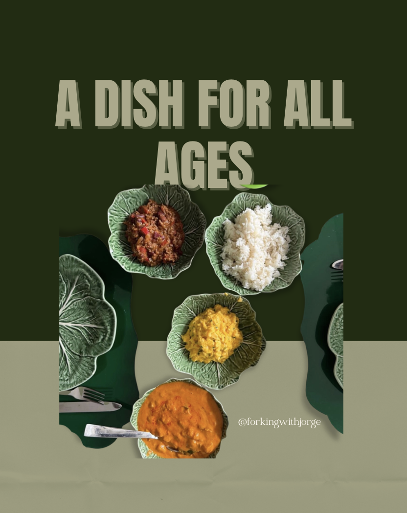 Four bowls with different types of rice and curry dishes on a table with leaf-shaped plates and utensils, captioned 'A Dish for All Ages'.