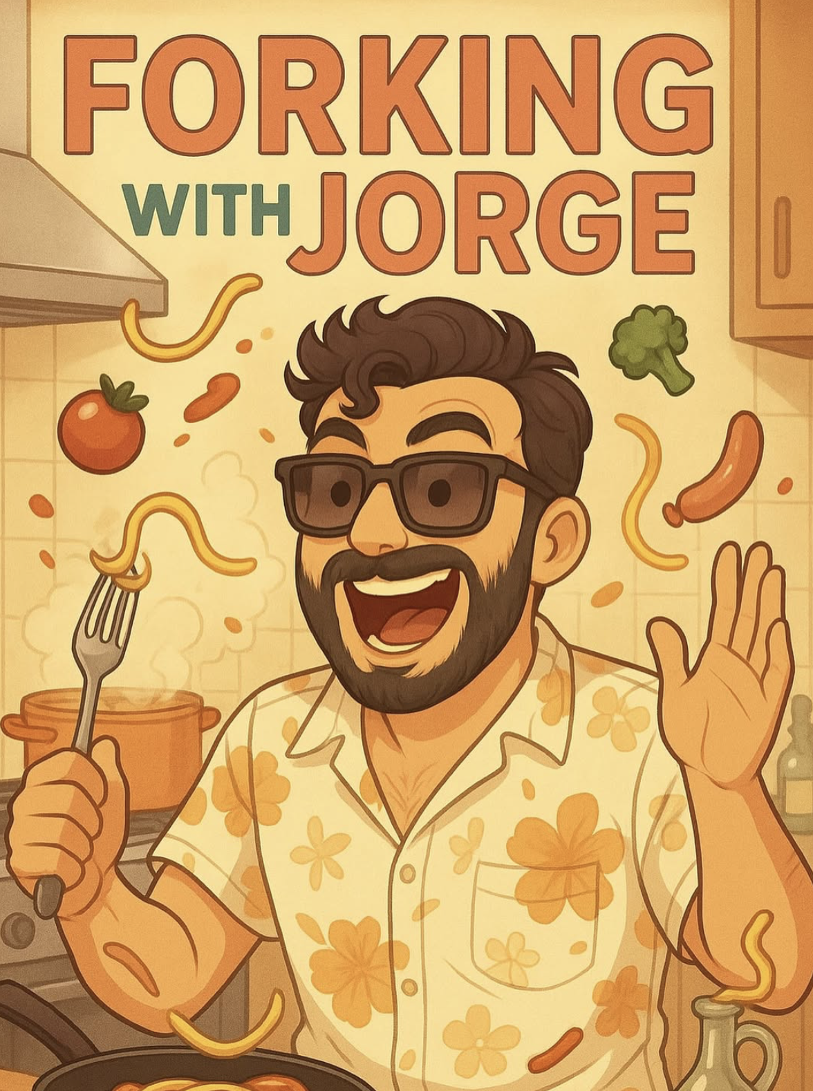 Cartoon man with dark hair, beard, glasses, wearing a yellow Hawaiian shirt, smiling and waving in a kitchen with floating food items like vegetables, noodles, and a fork with a tomato
