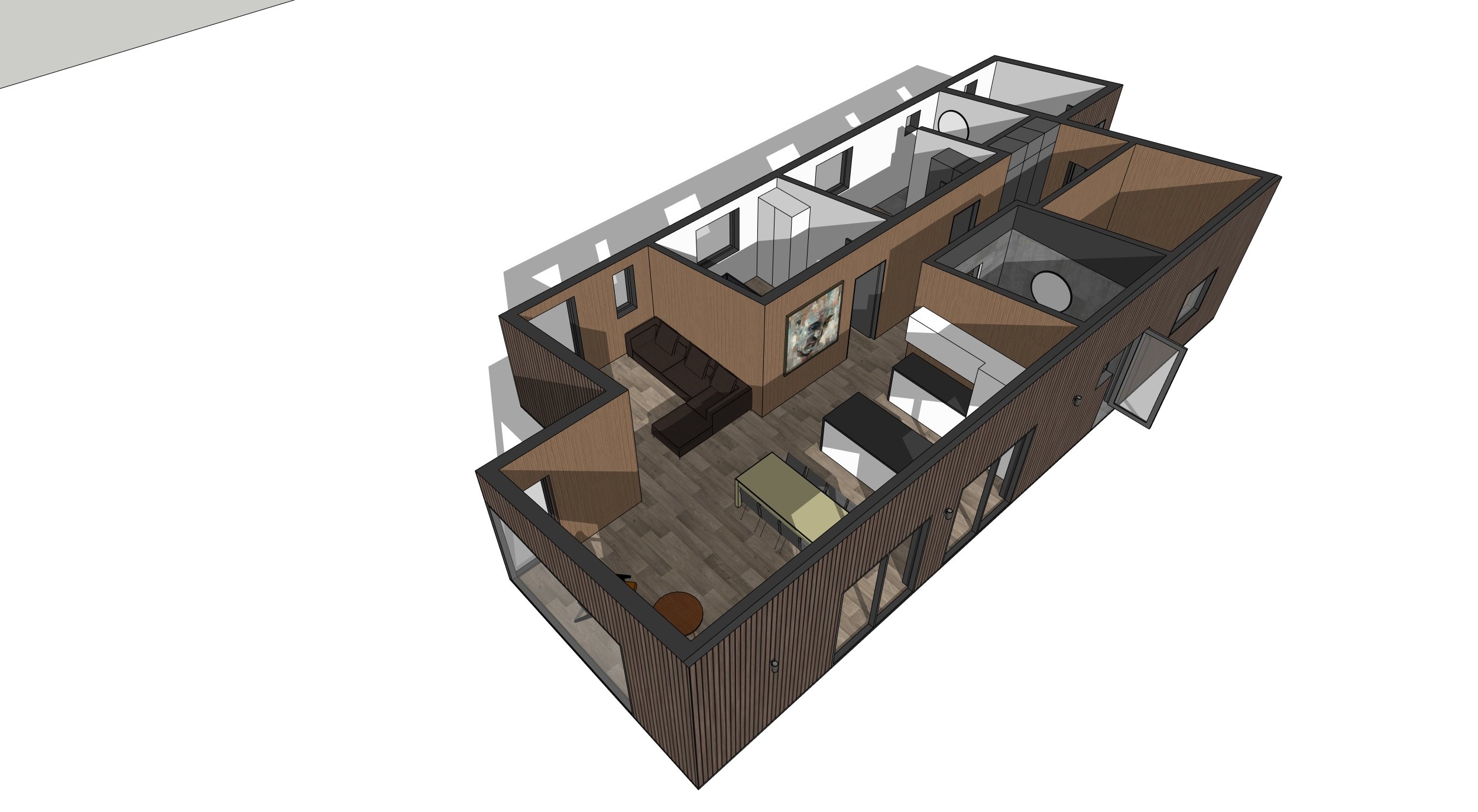 3D floor plan of a modern apartment with wooden walls, hardwood flooring, and various rooms including living area, bedroom, kitchen, and bathrooms.