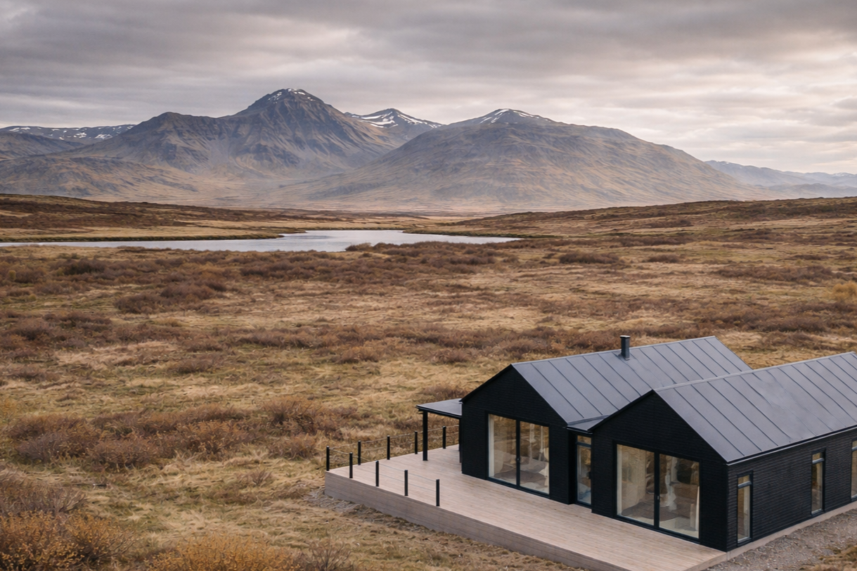 Modern black house with large glass windows and a deck, overlooking a vast, rugged landscape with mountains, a river, and bushes.