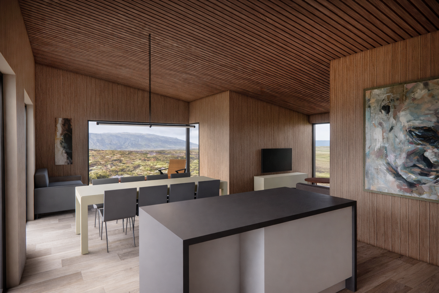 Modern living room with wooden panel walls and ceiling, large windows showing mountain landscape, a dining table with chairs, a television on white cabinet, and abstract art on the walls.