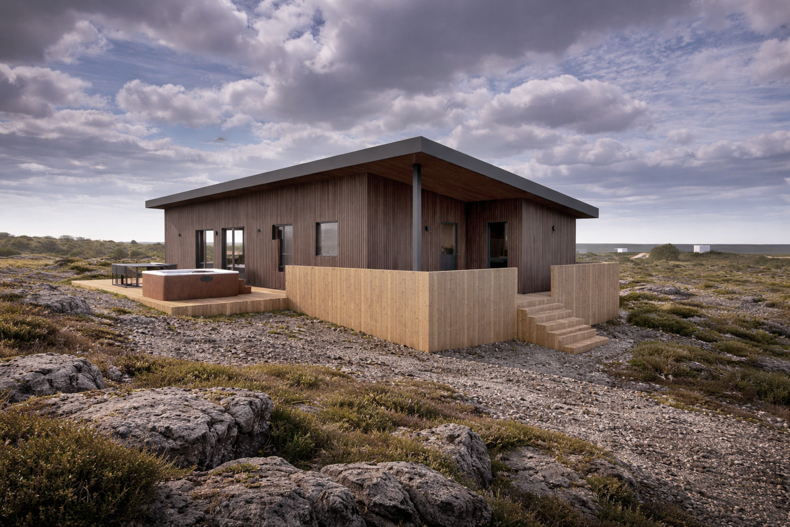A modern wooden house with a flat roof, black-framed windows, an outdoor hot tub, and a deck, situated on a rocky, arid landscape under a cloudy sky during daytime.