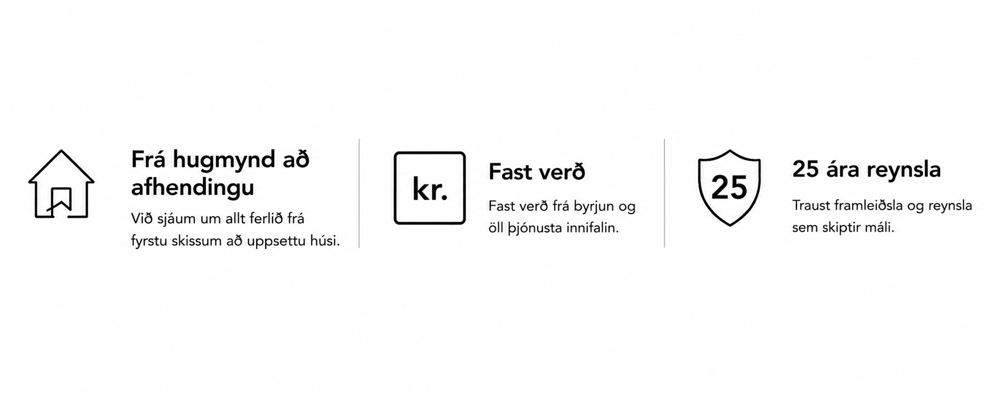 Icons with Icelandic text explaining homeownership options: a house icon indicating move-in readiness, a dollar sign within a square indicating fixed price, a shield with the number 25 indicating 25-year mortgage, with descriptions in Icelandic about each option.