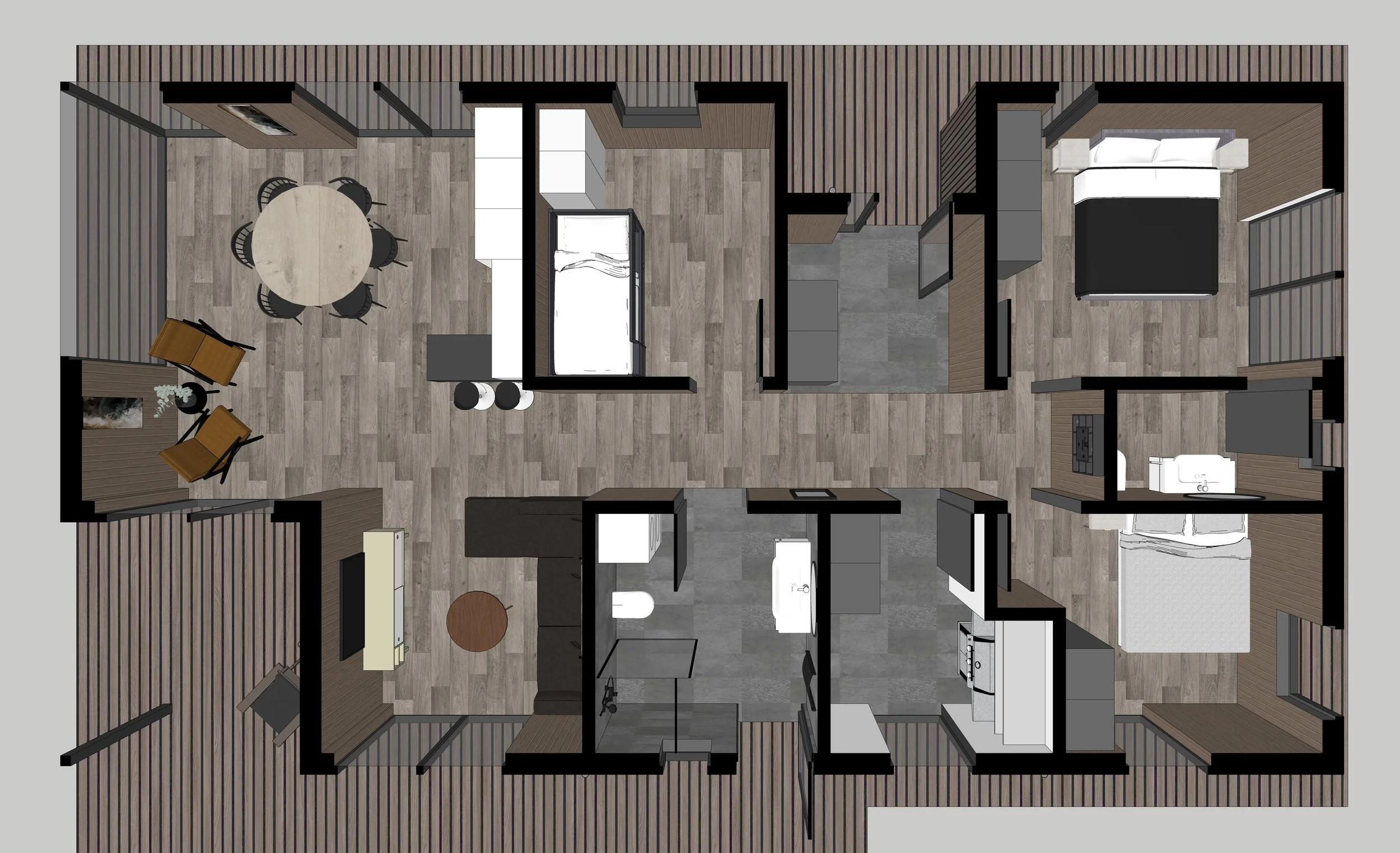 Top-down view of an apartment floor plan showing a bedroom, kitchen, dining area, bathroom, and balcony.