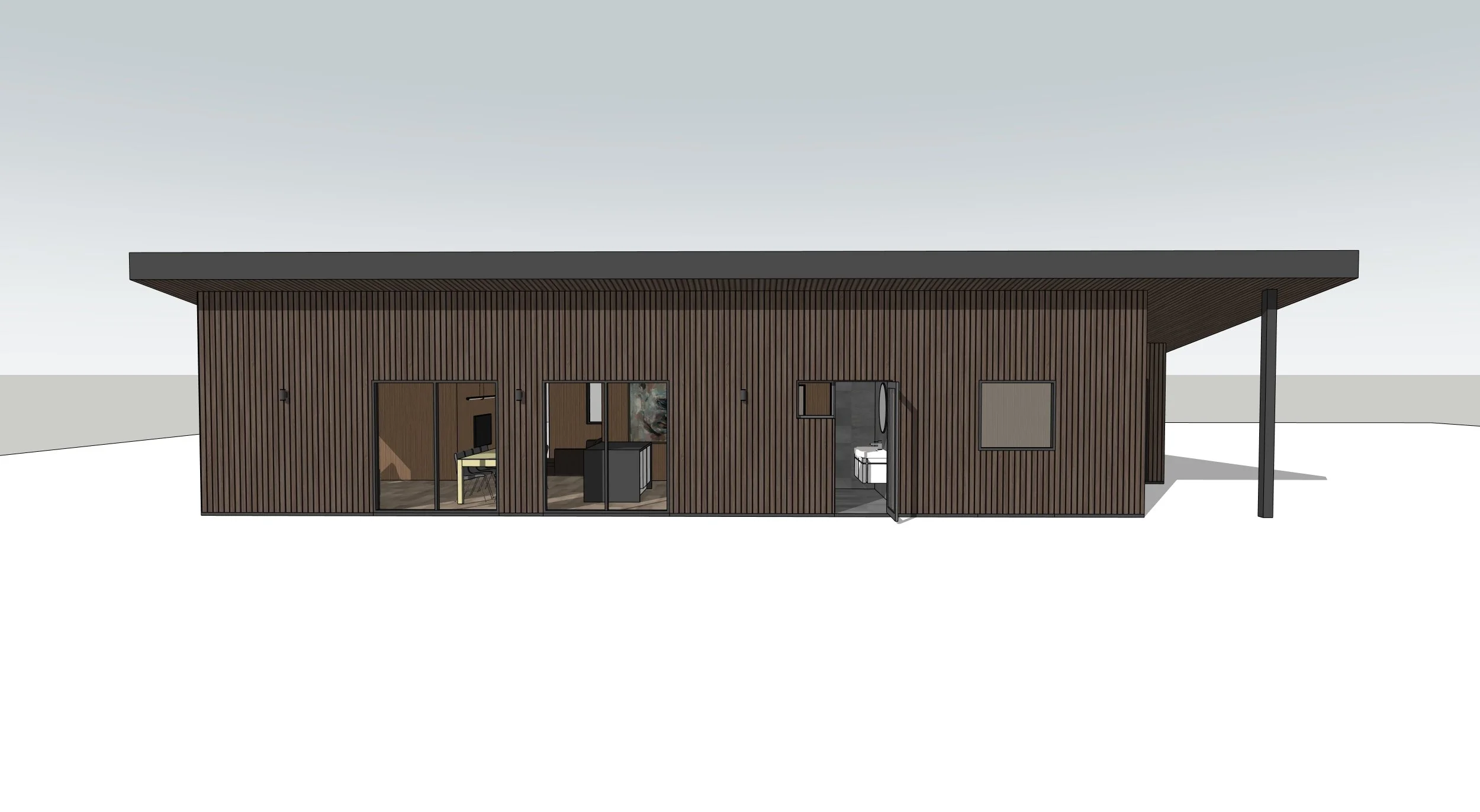 A modern house with wooden exterior walls, large glass sliding doors, and a covered patio area.
