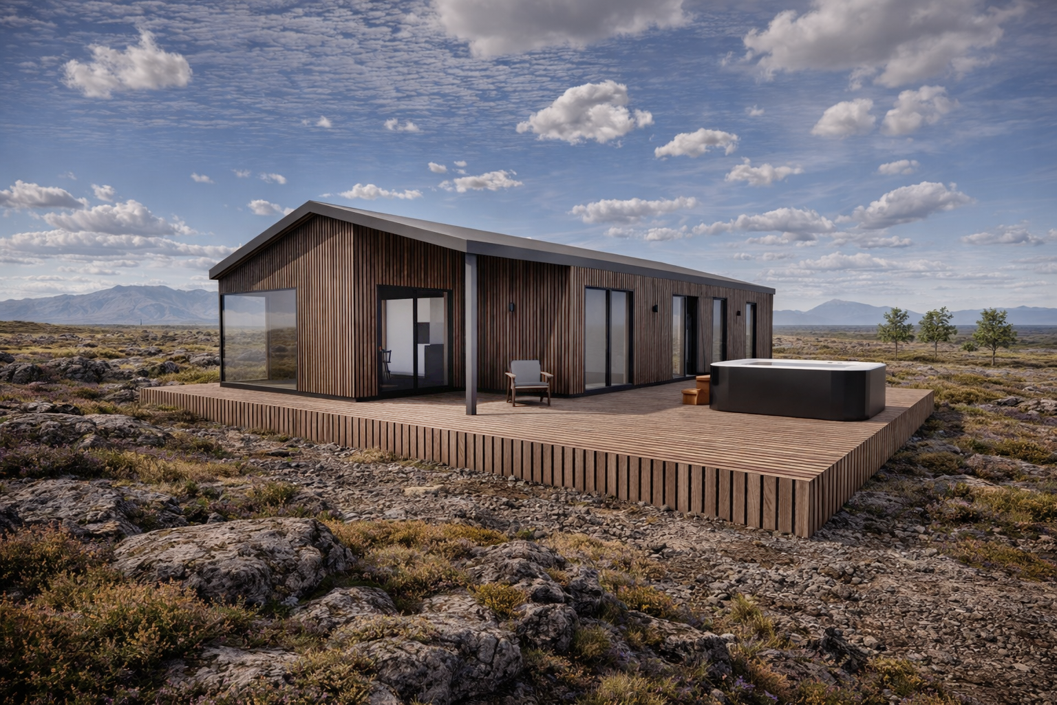 Modern wooden house with large sliding glass doors and a deck, situated in a rocky, open landscape with distant mountains under a partly cloudy sky.