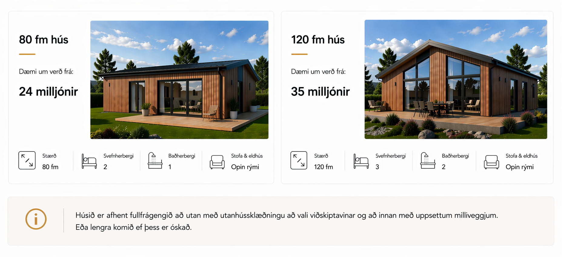 A comparison of two modern wooden houses with glass doors and windows, set outdoors on a lawn with trees and rocks. The house on the left is 80 square meters, costs 24 million ISK, and has two bedrooms, one bathroom, and a sofa and fireplace with an open living room. The house on the right is 120 square meters, costs 35 million ISK, and has three bedrooms, two bathrooms, and an open living room, both set against a partly cloudy sky.