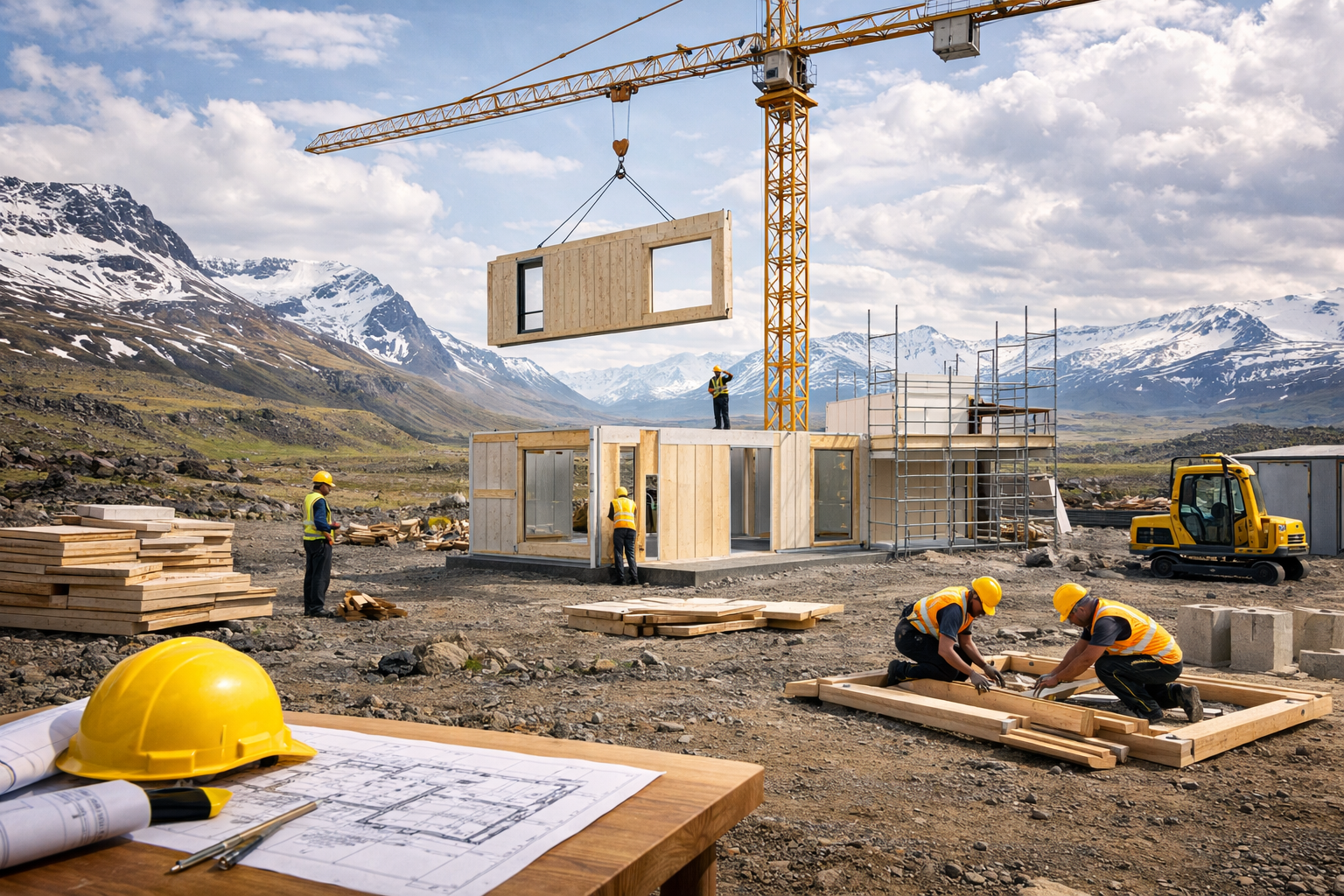Construction workers building a house with a crane lifting a wall section in a mountainous area with snow-capped peaks in the background. There are blueprints and a yellow helmet on a table in the foreground.