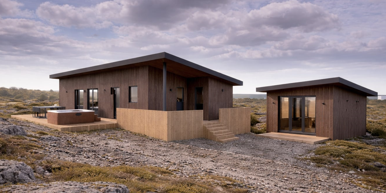 Two modern wooden houses with slanted roofs in a rocky, open landscape under a cloudy sky.
