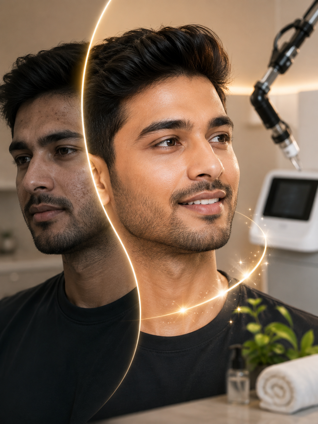 A man getting a facial at a spa, with a reflection of his face on the mirror, surrounded by skincare products and a plant.