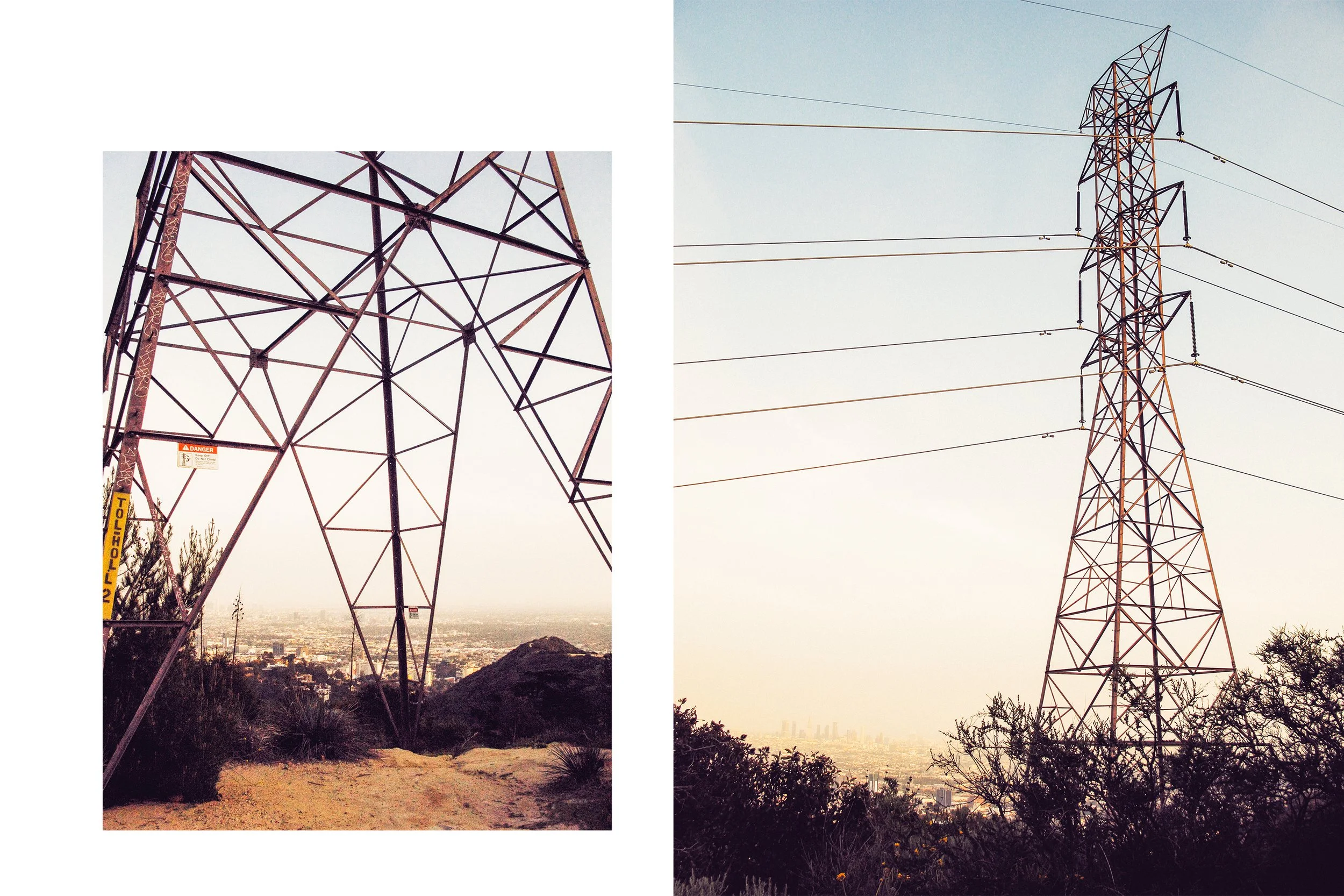 Comparison of two electrical transmission towers against an Los Angeles cityscape in the distance, with dusty and bushy foreground.