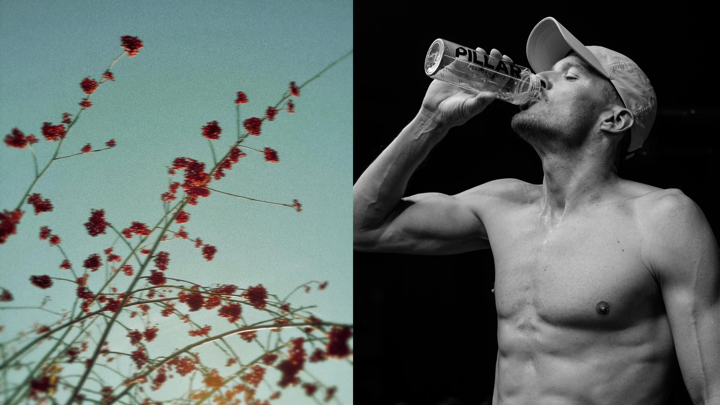 Split image: on the left, a plant with red flowers against a pale sky; on the right, a shirtless Jan Frodeno with a cap drinking from a clear water bottle labeled 'PILLAR'.