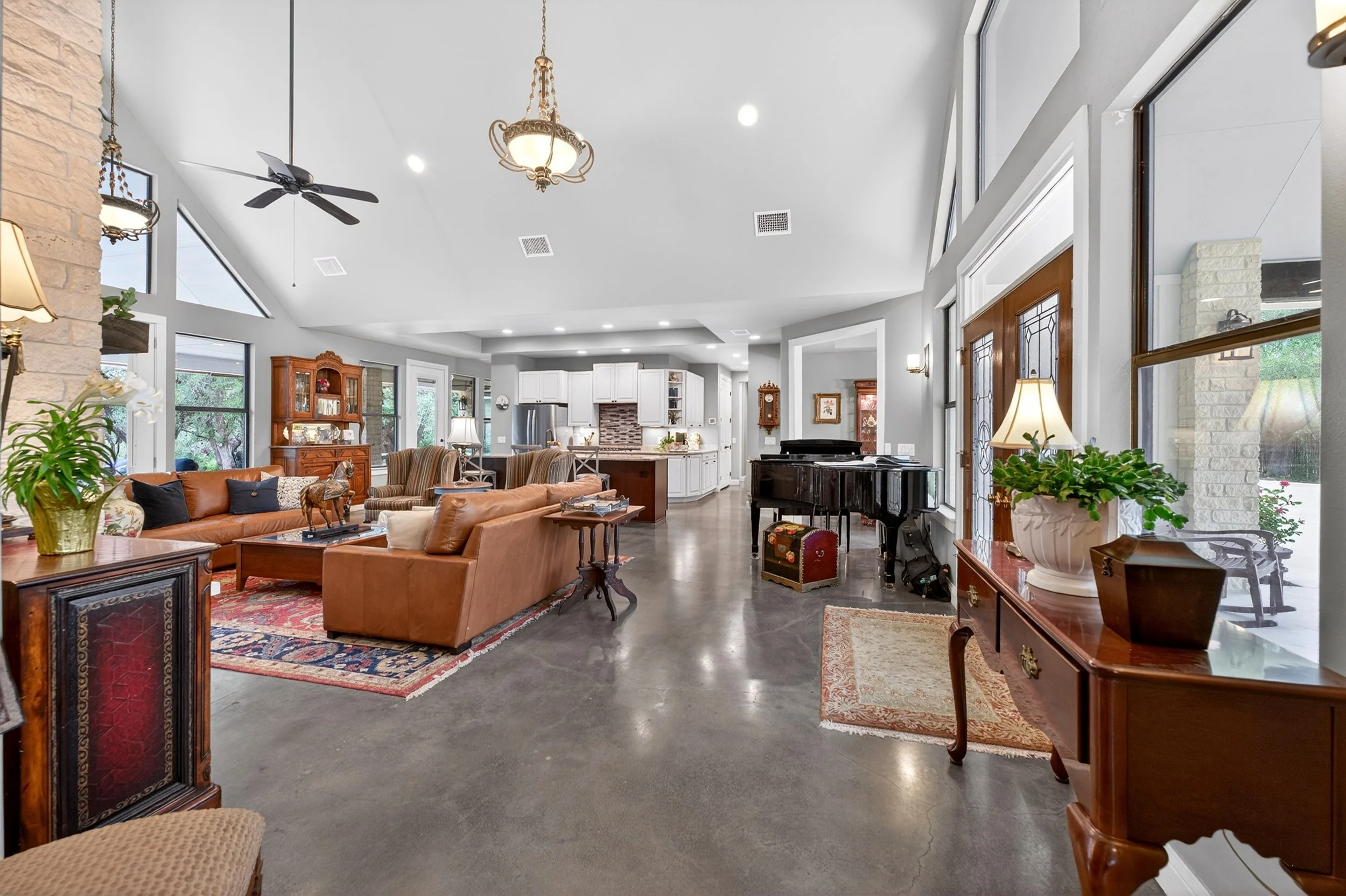 Polished concrete floors throughout.