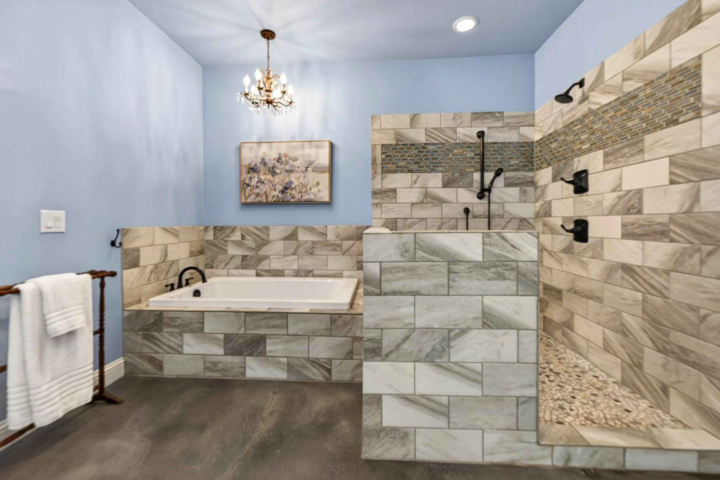 Jacuzzi brand tub & open shower.