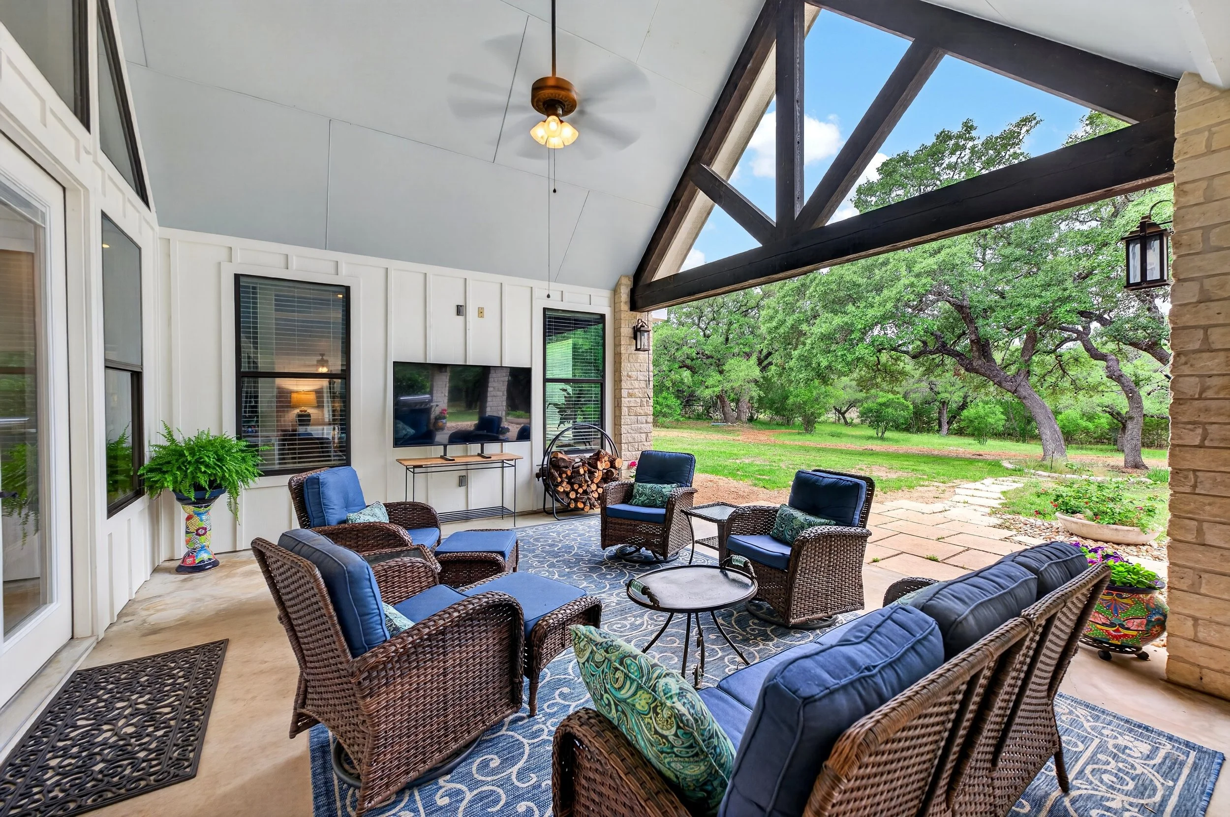 Douglas fir trusses and vaulted ceiling.