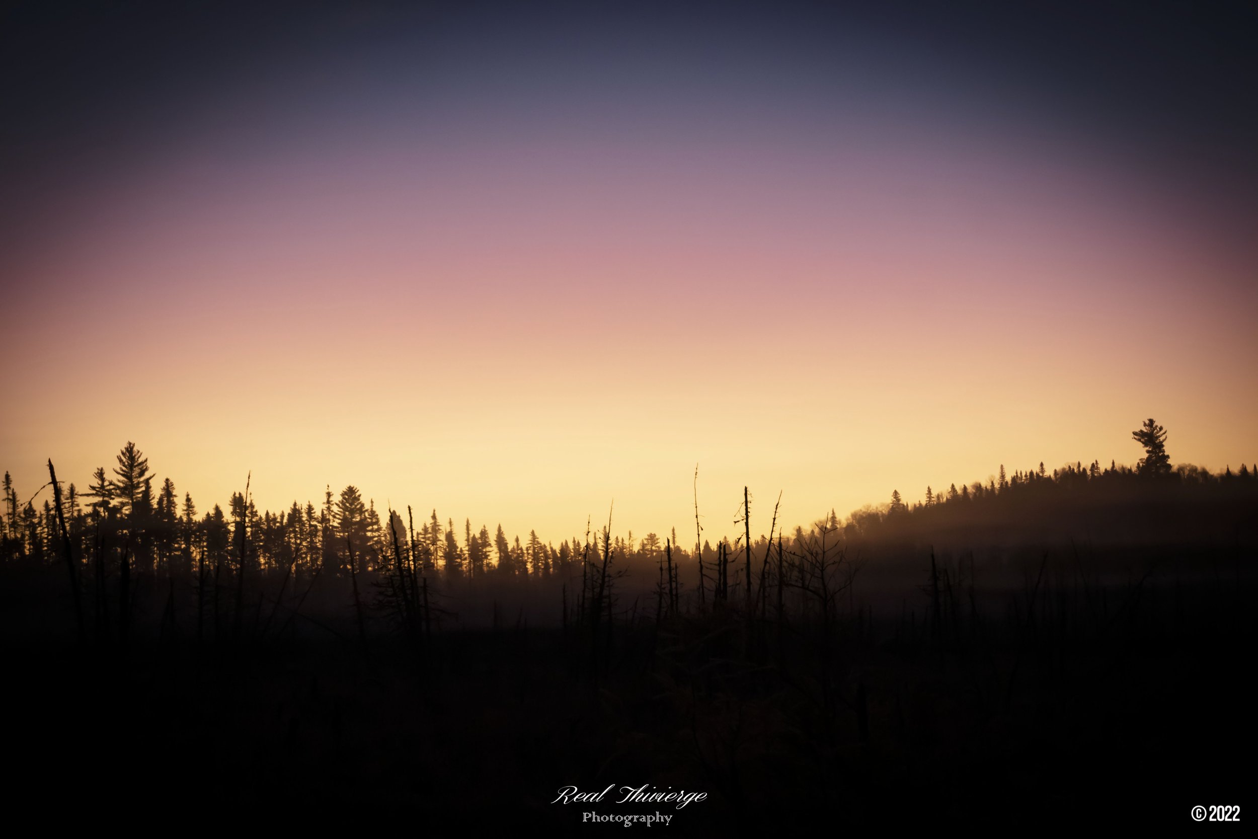 Sunset over forested landscape with tree silhouettes in Park La Verendrye - landscape photography by Tibber's Photography.