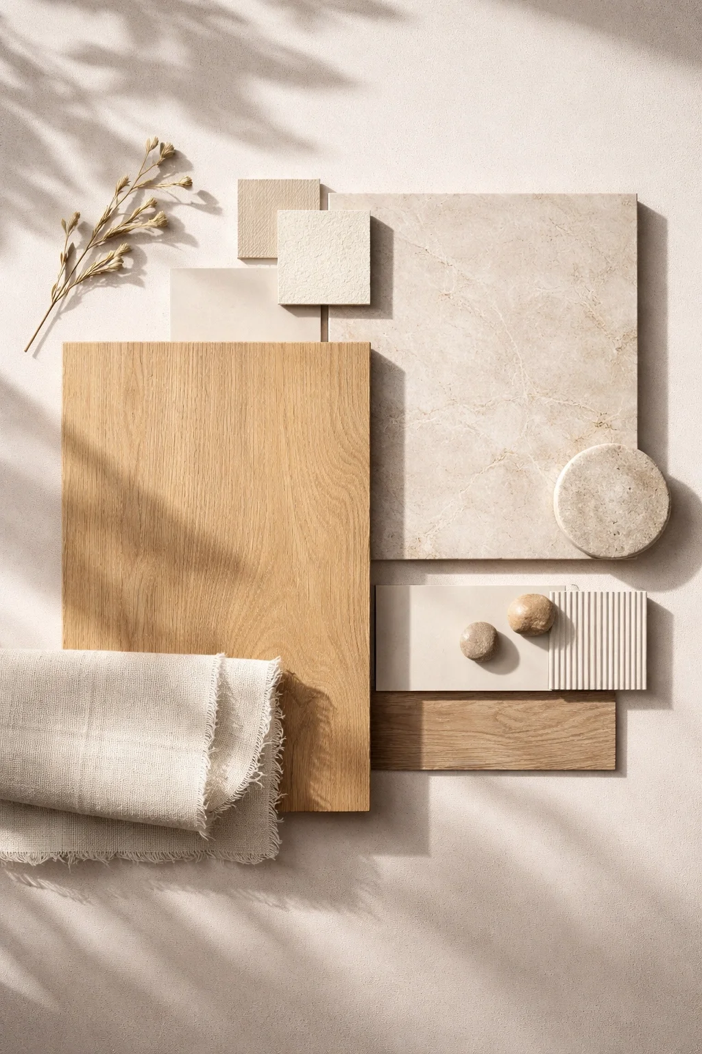 Moodboard de tonos neutros de diseño de reforma integral de vivienda en Alcorcón