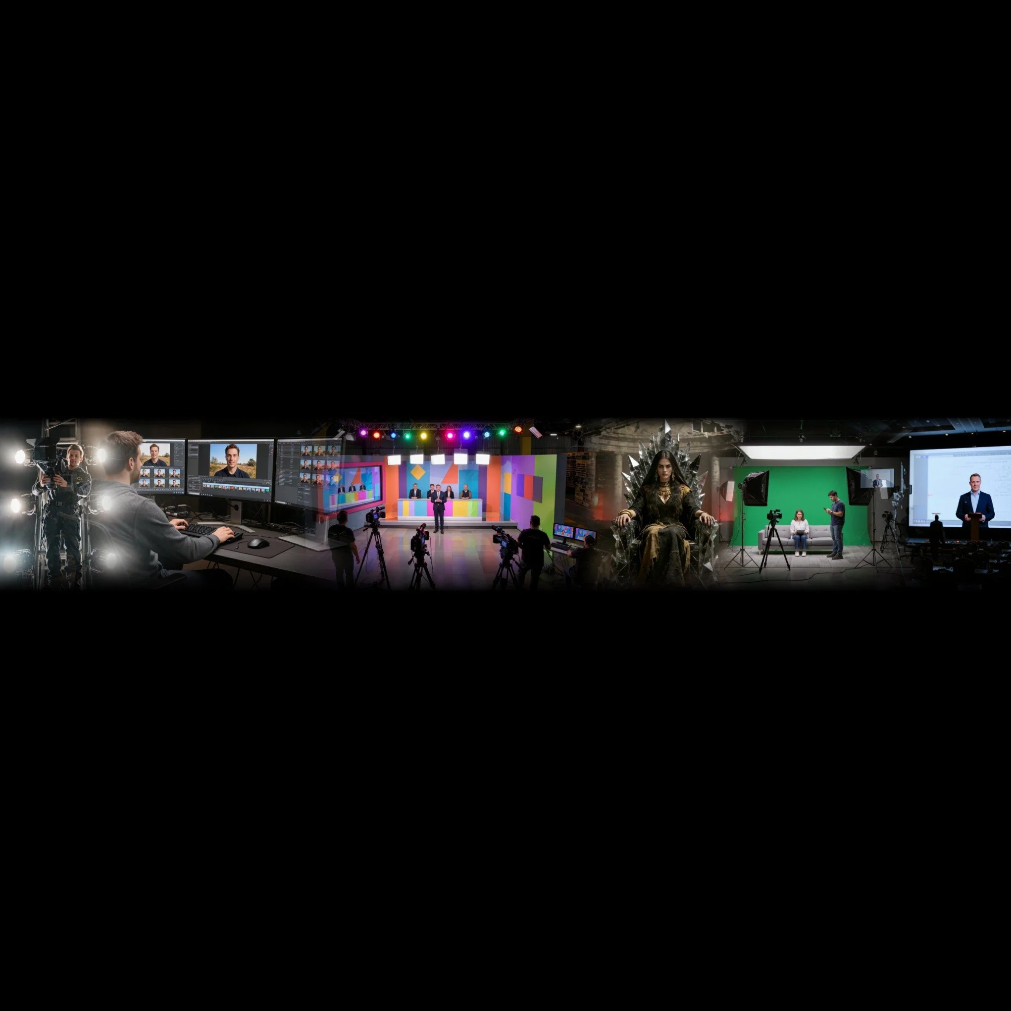 A professional video production studio with multiple filming sets, including a news desk with a green screen, AI generated image of a throne with a woman in costume, and a control room with operators managing cameras and monitors.