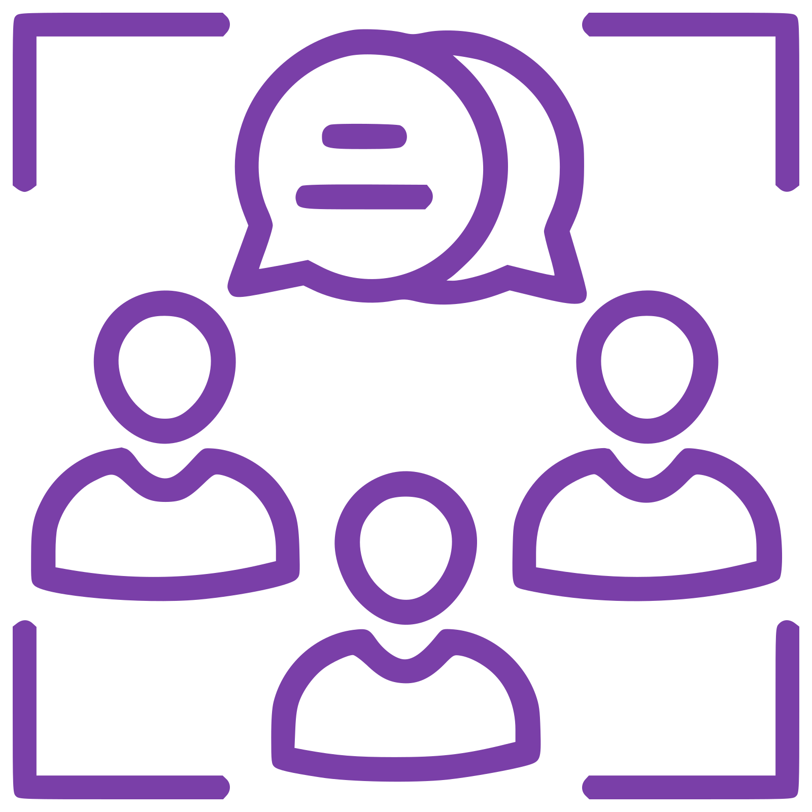 Symbol eines Netzwerks oder einer Gemeinschaft mit mehreren Personen, verbunden durch eine Sprechblase mit drei Linien, die Kommunikation repräsentiert, in Lila auf schwarzem Hintergrund.