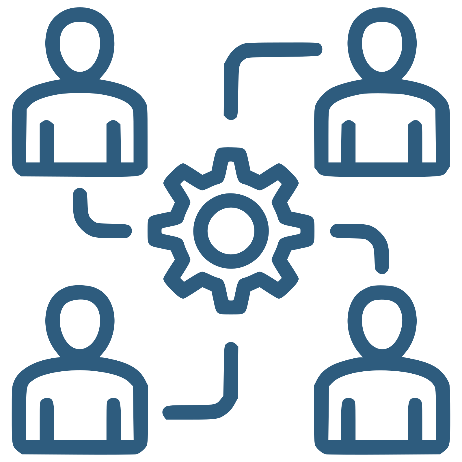 Diagramm, das die Verbindung zwischen mehreren Personen und einem Zahnrad zeigt, das für Zusammenarbeit oder Teamarbeit steht.