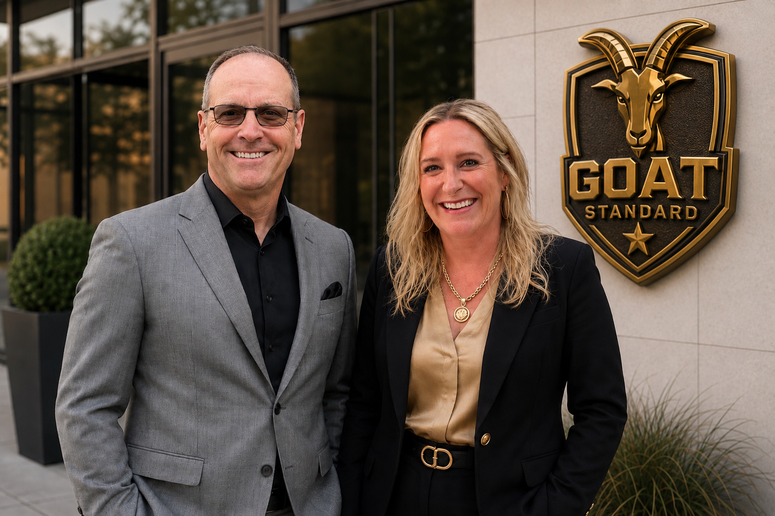 A man and a woman smiling outside a building with a sign that says GOAT STANDARD featuring a goat head emblem.