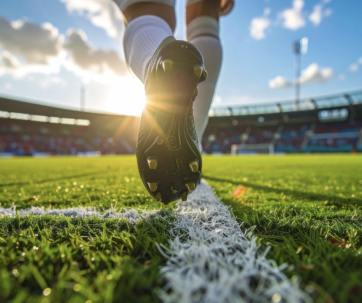 Close-up of a soccer cleat stepping over the white boundary line on a grass field, with a stadium and blue sky in the background during sunset.