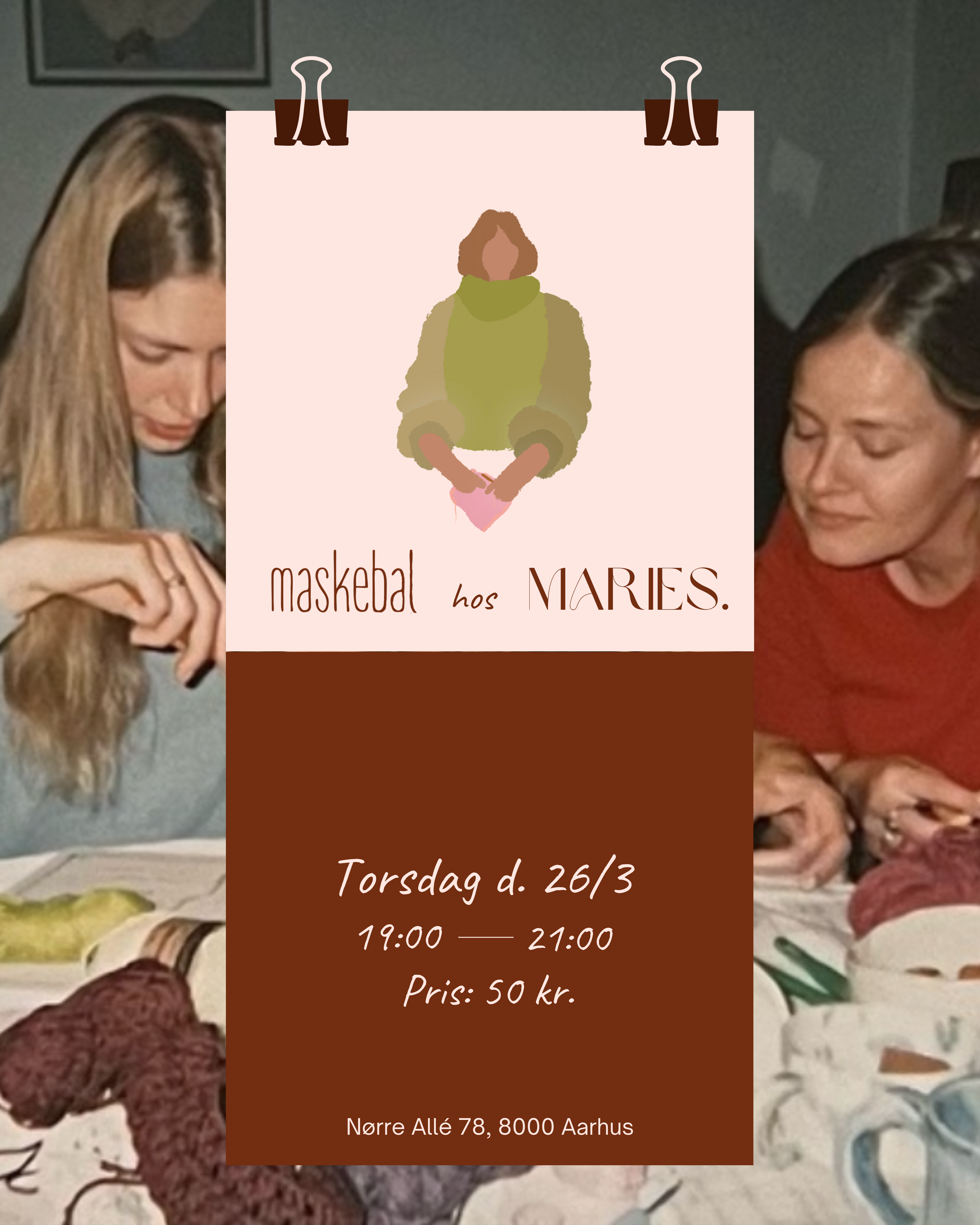 Illustration of a woman wearing a green scarf and beige jacket, with pink hands folded in front. The event title reads 'maskebal hos NARIES' and details include date, time, price, and address.