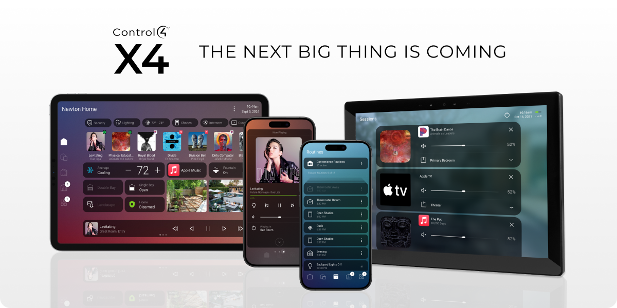 Advertisement showcasing Control4 X4 smart home automation system with two tablets and a smartphone, displaying various home controls and multimedia streaming options, accompanied by the slogan "The Next Big Thing is Coming."