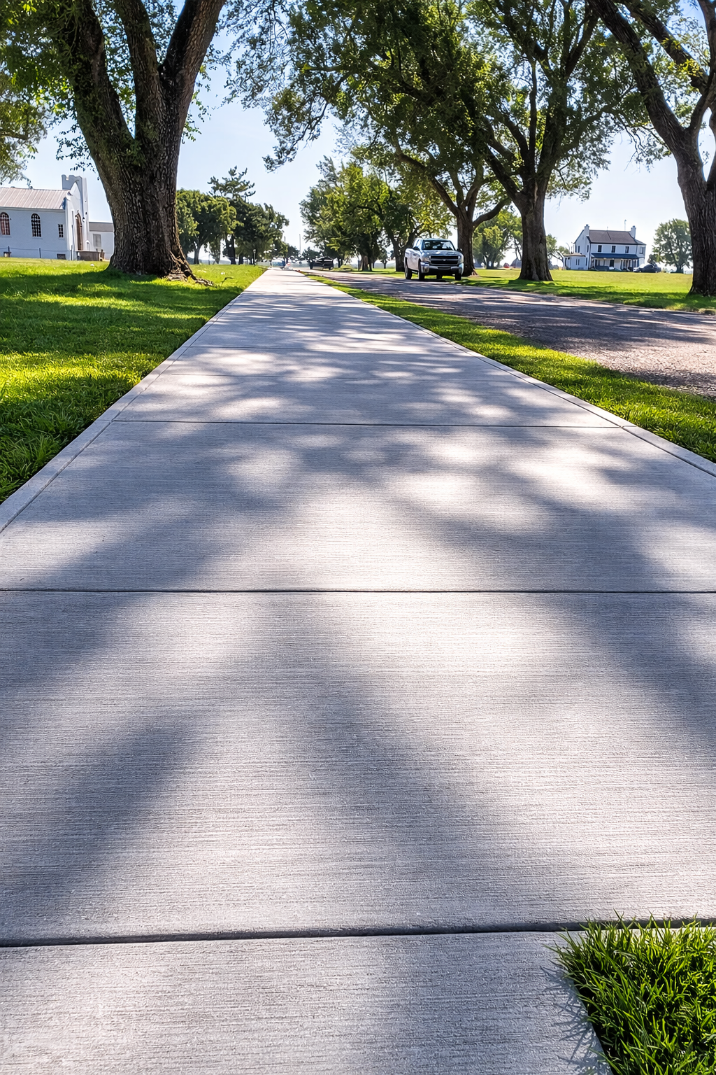 A sidewalk running through a park with trees on both sides, shadow patterns on the sidewalk, and houses and parked cars in the background.