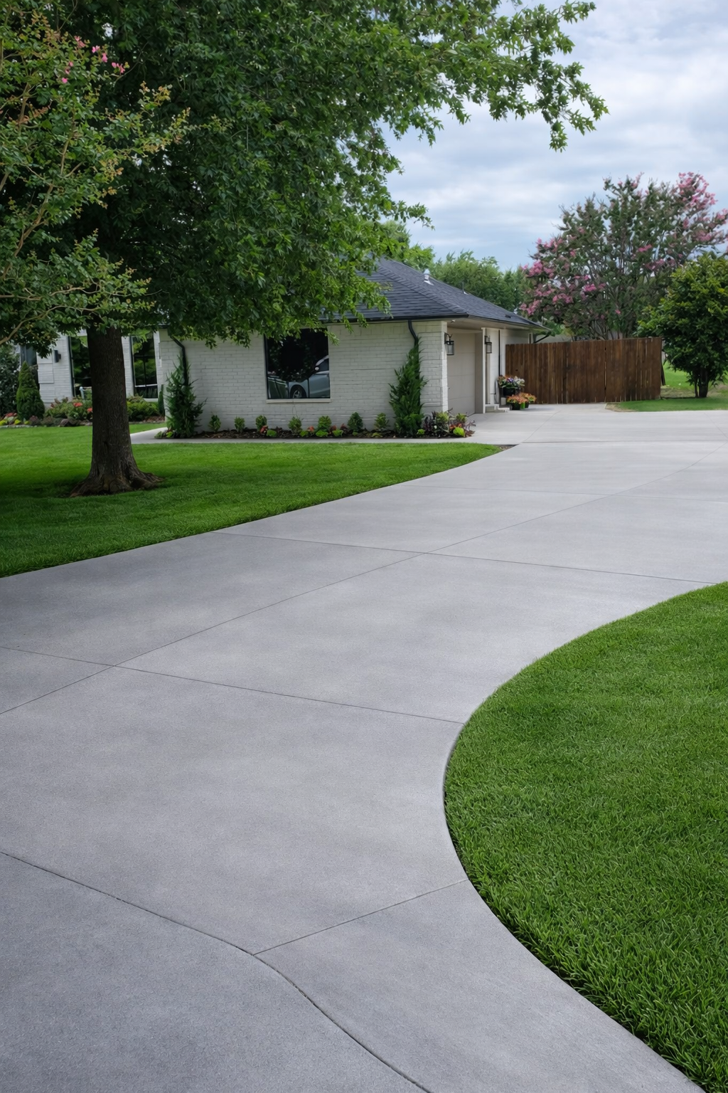 A residential backyard with a curved concrete driveway, green grass, trees, and a white brick house with a dark roof in the background.