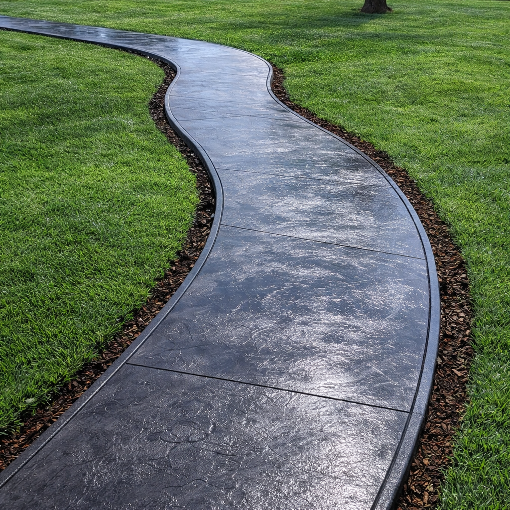 A curved concrete walkway surrounded by green grass and mulch on a sunny day.
