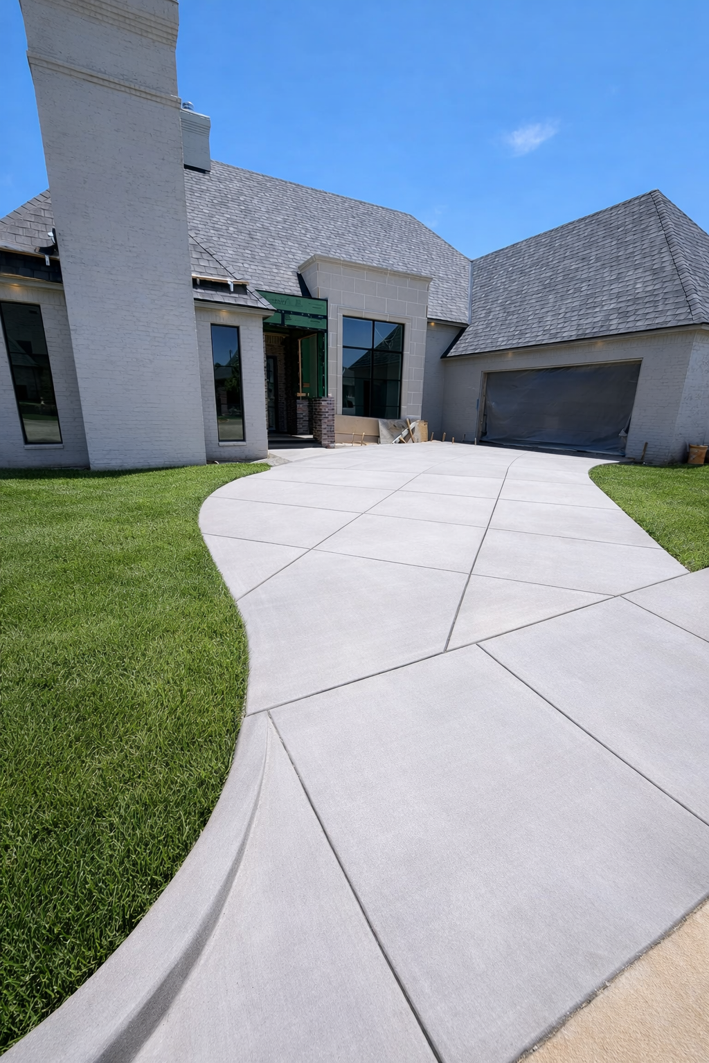 Newly constructed modern house with gray tiled roof, large glass windows, and a driveway. The driveway is made of concrete with a decorative crack pattern, leading up to the garage covered with a dark tarp. Green lawn on either side of the driveway, under a bright blue sky.
