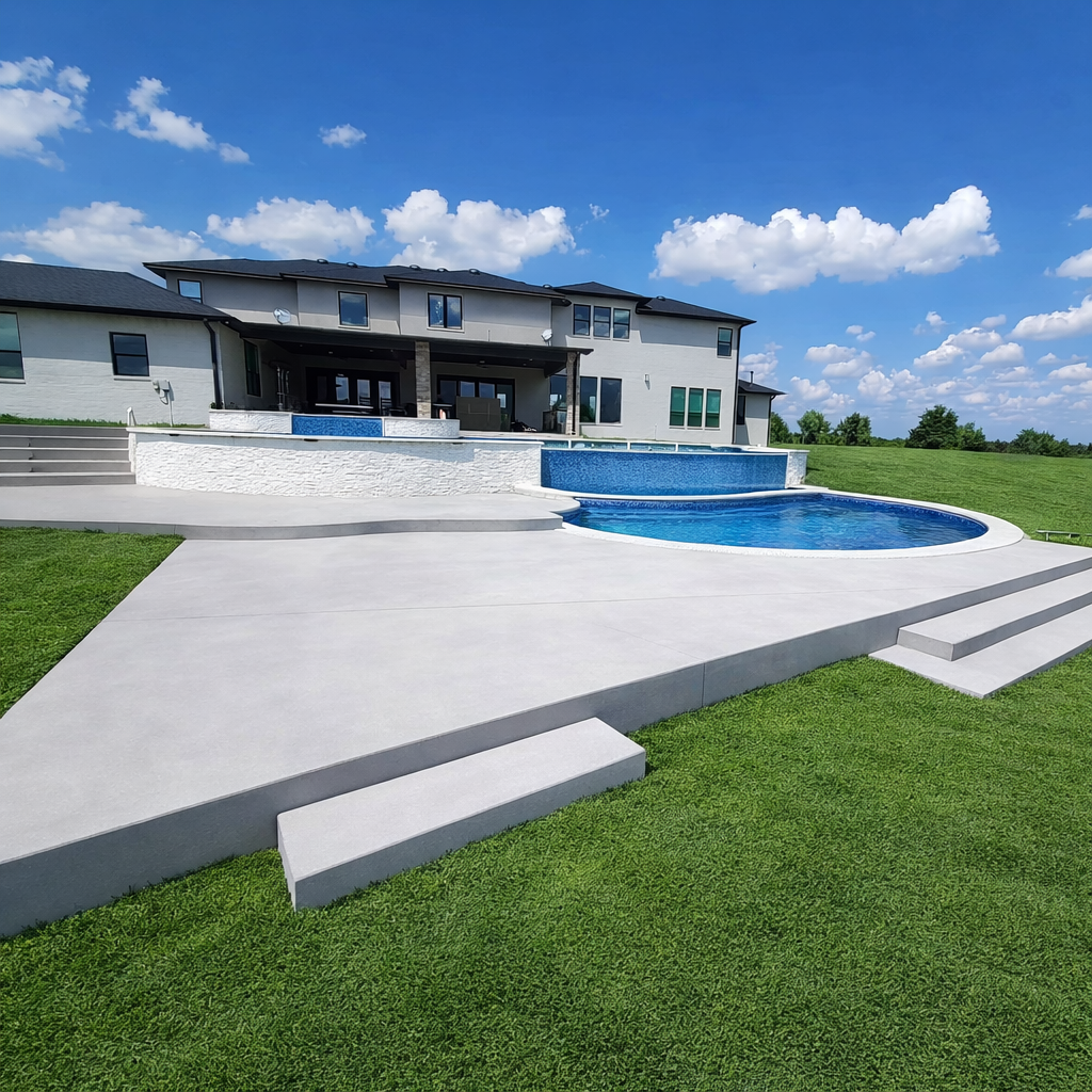 Modern house with a backyard swimming pool, set on a grassy lawn under a bright blue sky with scattered clouds.