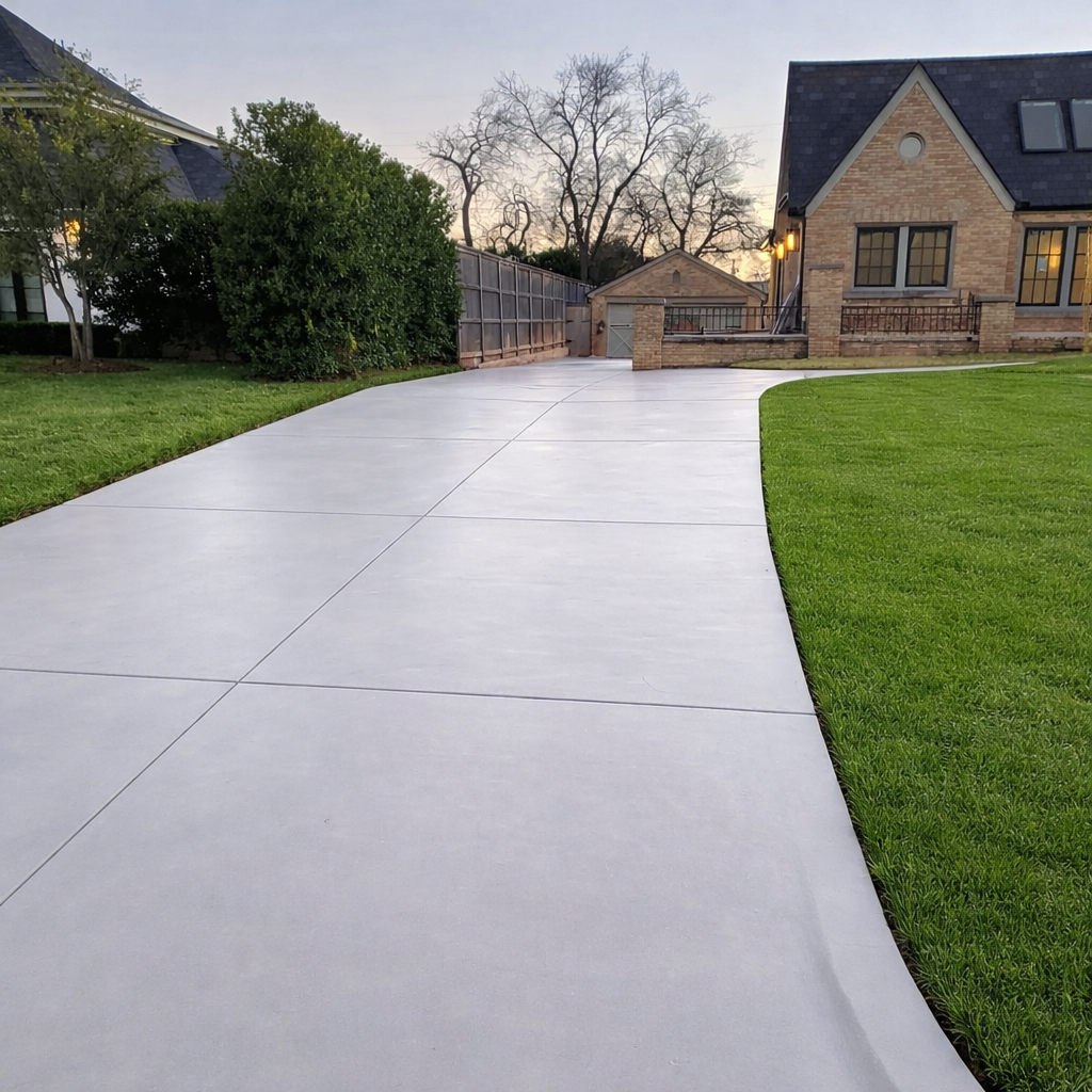 Concrete driveway leading to a brick house with a gabled roof, surrounded by green grass and bushes, during sunset.