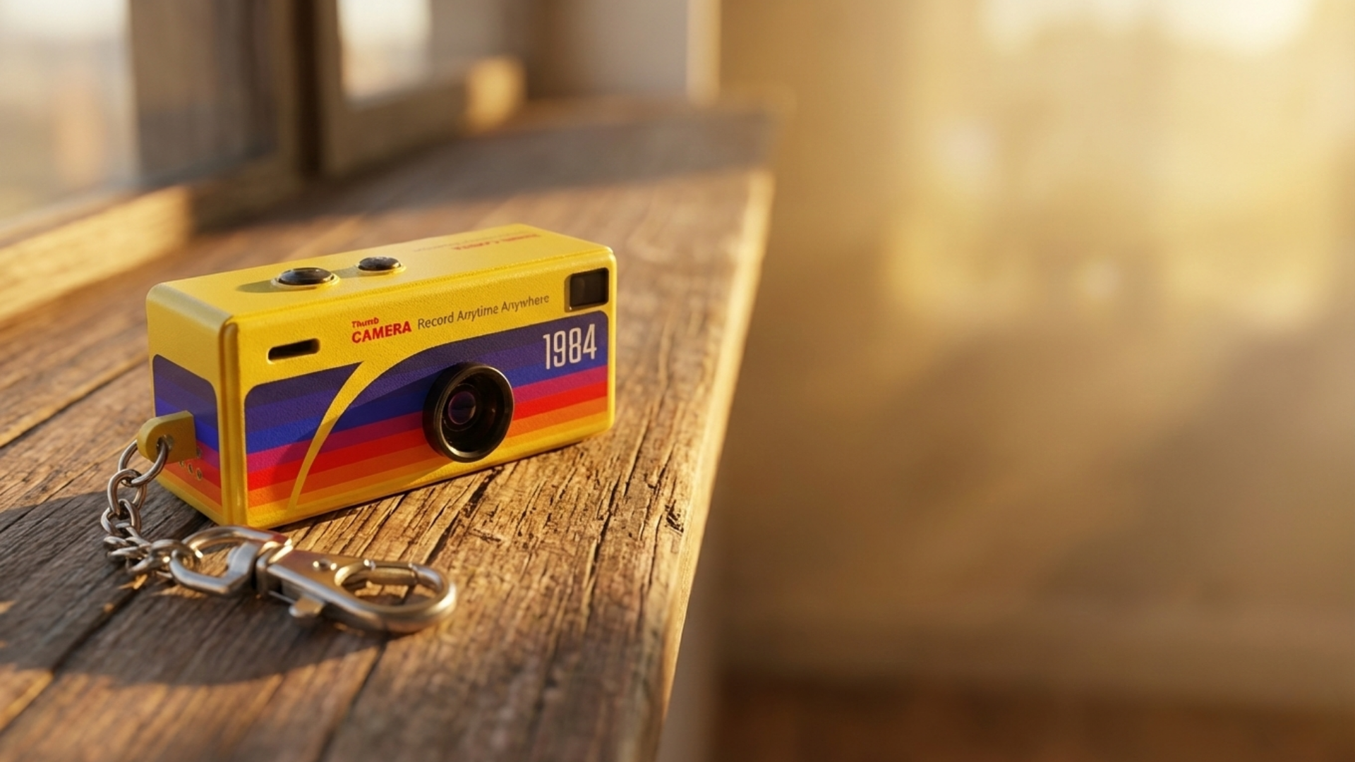 Une petite caméra vintage jaune avec un design coloré rappelant un coucher de soleil, posée sur une surface en bois avec un anneau en métal attaché, éclairée par la lumière douce du matin ou du soir.