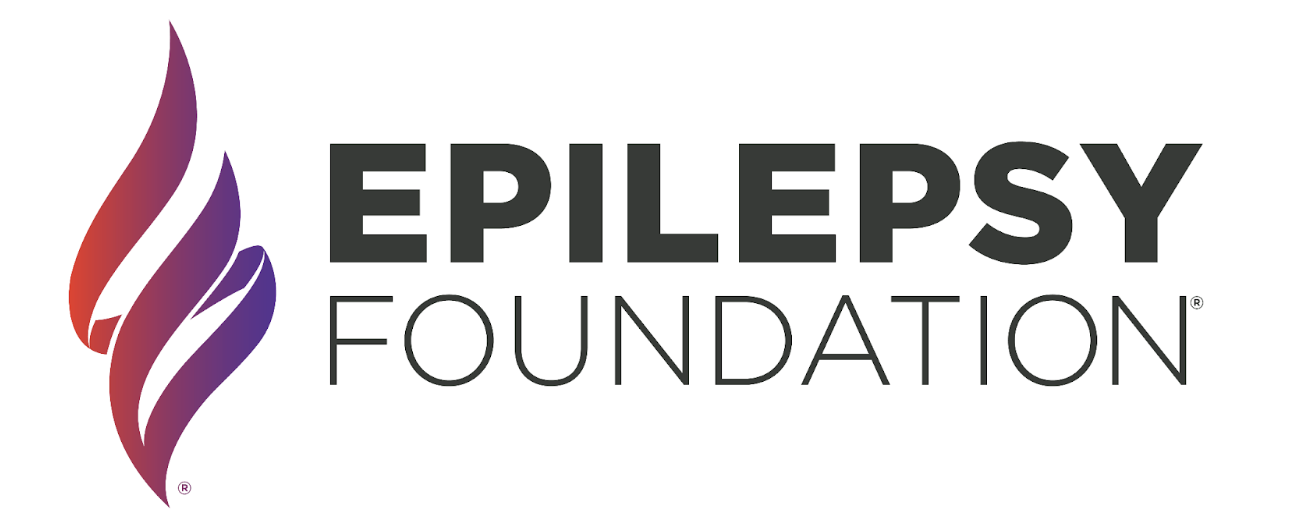 EPILEPSY FOUNDATION logo with stylized flame design in red and purple colors.