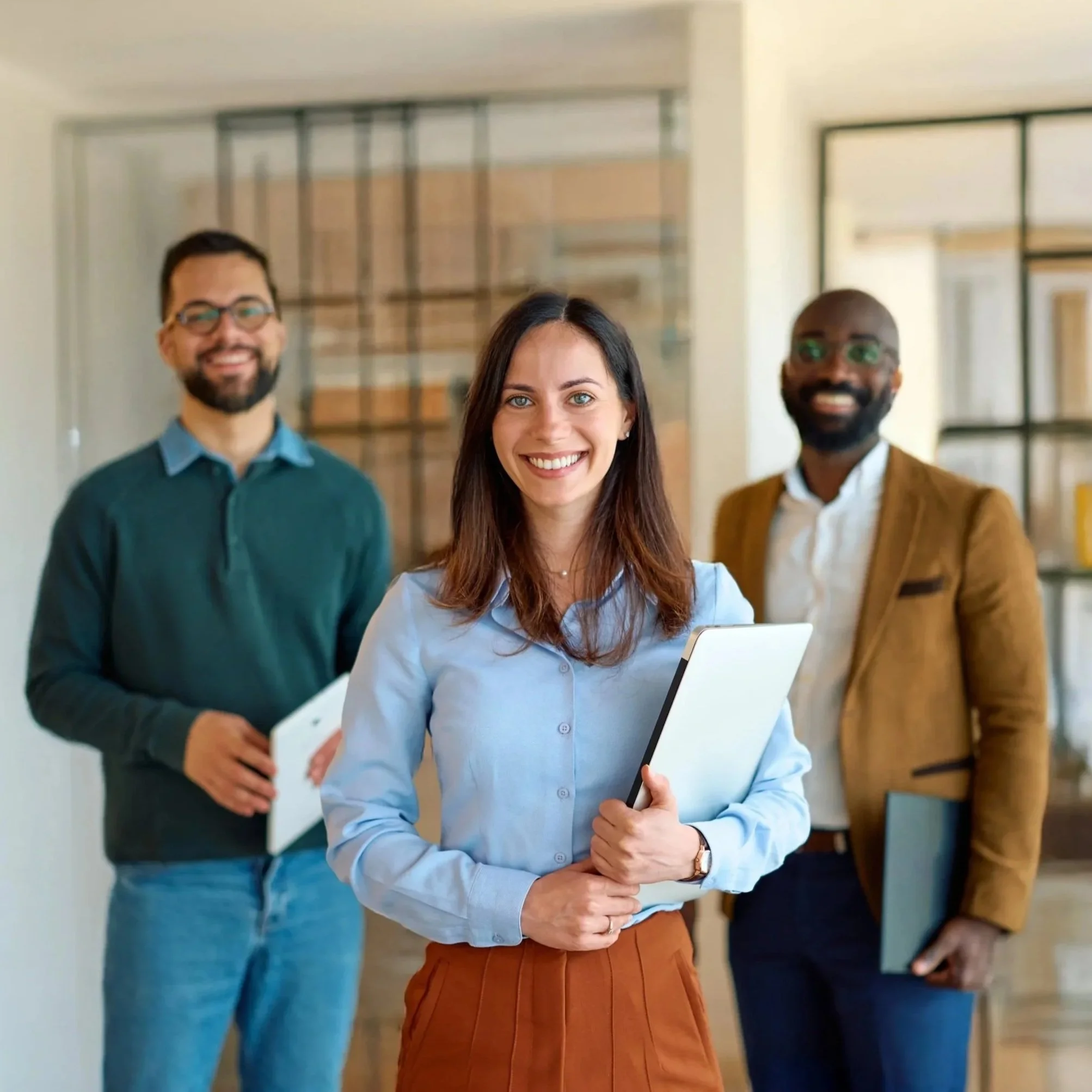 A group of four smiling professionals in an office. Female in the front with long brown hair and blue shirt holding a tablet, man on her left with glasses and beard in a green shirt, man on her right with glasses and a beard in a brown blazer, and another woman partly visible on the right in a black blazer.