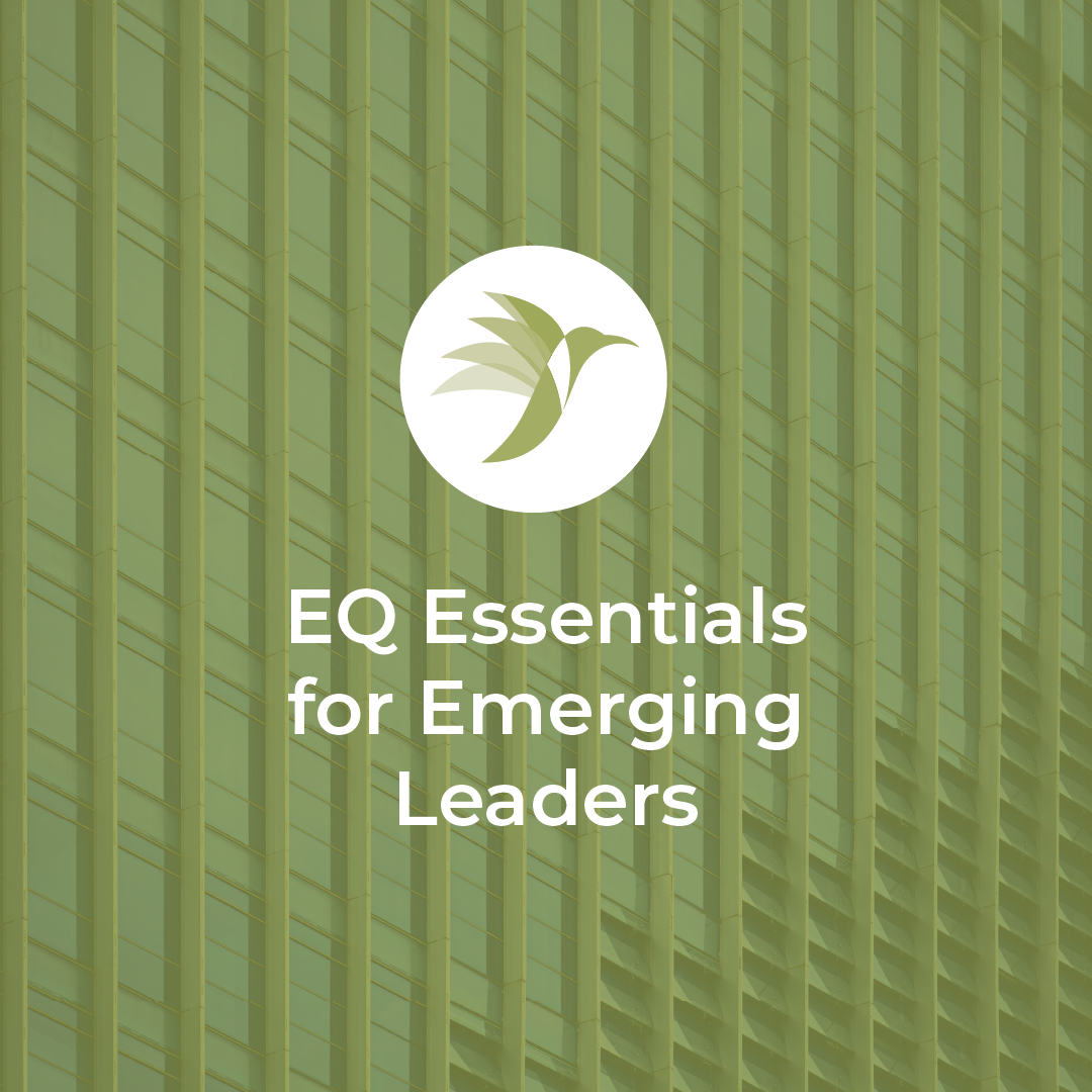 Green building with vertical and horizontal architectural lines, overlaid with a circular logo of a stylized hummingbird, and the text 'EQ Essentials for Emerging Leaders' centered in white.